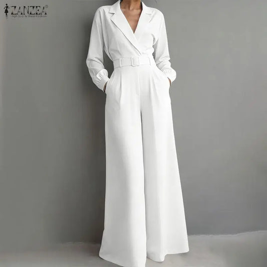 ZANZEA Women's Minimalist Jumpsuits Summer Lapel Neck Long Sleeve Belted Wide Leg Pant Overalls Elegant Office Work Playsuits