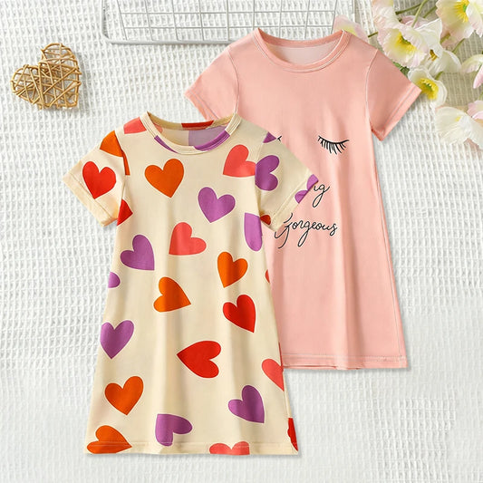 Summer girl sweet and cute dress, fashionable and versatile round neck print knee length skirt, comfortable and soft home skirt