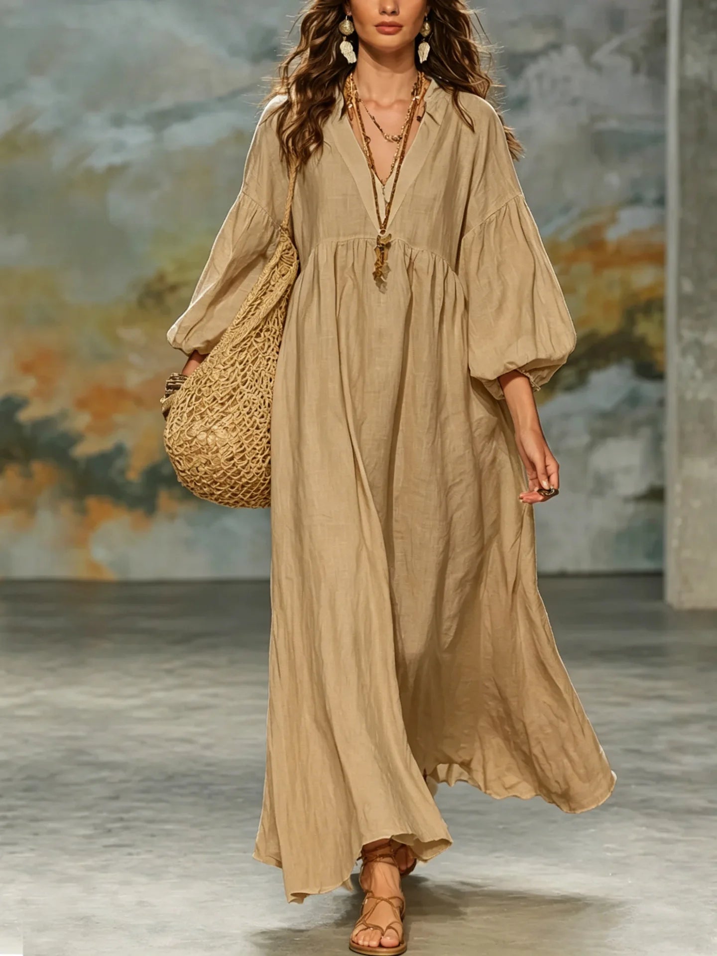 V Neck Puff Sleeve Linen Maxi Dress, Multi Color Loose Flowy Boho Dress for Women, Breathable Casual Beach Vacation Outfit