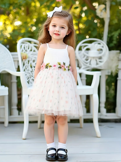 White Camisole 3D Flower Dress - Floral Tulle Hem Girls’ Fairy Sweet Princess Gown