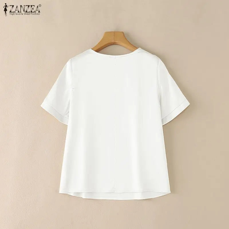 ZANZEA Women's Elegant Chic Satin Silk Blouses V-Neck Short Sleeve Pleated Detail Pullover Tops Minimalist Solid Blusas de Mujer