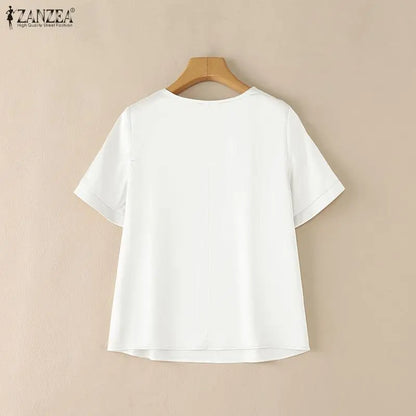 ZANZEA Women's Elegant Chic Satin Silk Blouses V-Neck Short Sleeve Pleated Detail Pullover Tops Minimalist Solid Blusas de Mujer