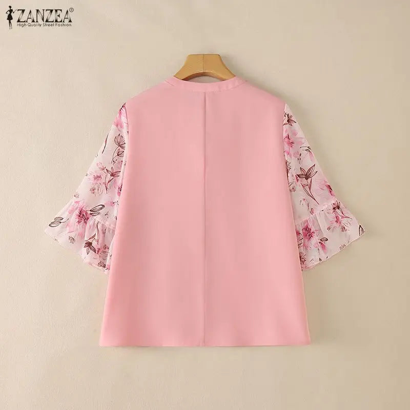 ZANZEA Women Elegant Plisse Blouses Floral Printed 3/4 Flared Sleeve Tops Summer Casual Loose Bow Detail V-Neck Blusas de Mujer