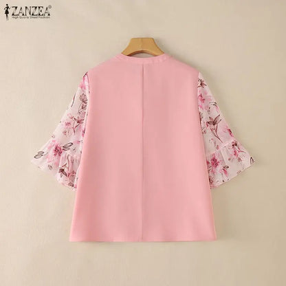 ZANZEA Women Elegant Plisse Blouses Floral Printed 3/4 Flared Sleeve Tops Summer Casual Loose Bow Detail V-Neck Blusas de Mujer