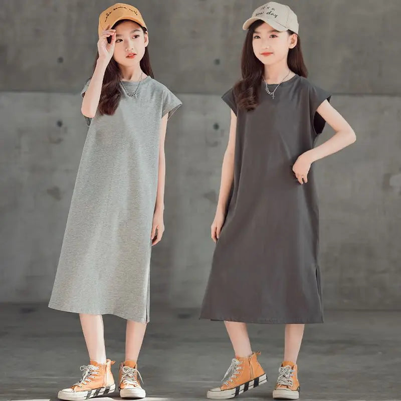 Straight Skirt Children's Korean-style T-shirt Dress Elegant Girl Dresses Elementary Summer Clothes Girls 8 9 Years Female Child