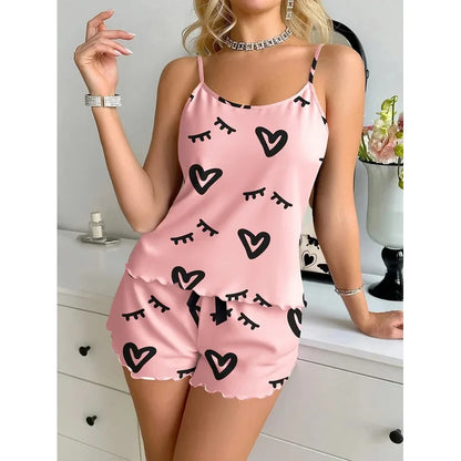 2PCS Women Pajama Set Heart Print Cami Top and Shorts Cute Satin Sleepwear Loungewear Summer Nightwear Homewear Outfit