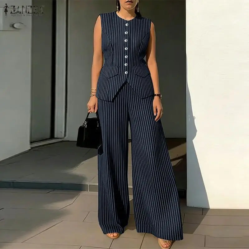 2026 ZANZEA Summer Striped Pant Sets Office Women Outfit Elegant Sleeveless Vest Tops Trousers 2 Piece Sets Stylish OL Work Suit