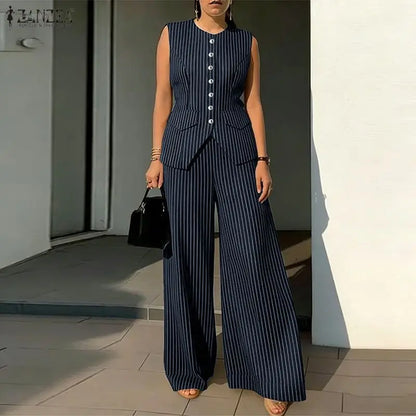 2026 ZANZEA Summer Striped Pant Sets Office Women Outfit Elegant Sleeveless Vest Tops Trousers 2 Piece Sets Stylish OL Work Suit