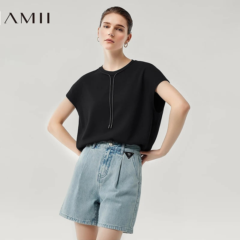 Amii Women's T-Shirt 2026 Summer New Quick Dry Anti-Bacterial Drawstring Dolman Tee Loose Tunic O-Neck Top For Women 12622024