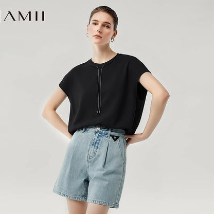 Amii Women's T-Shirt 2026 Summer New Quick Dry Anti-Bacterial Drawstring Dolman Tee Loose Tunic O-Neck Top For Women 12622024