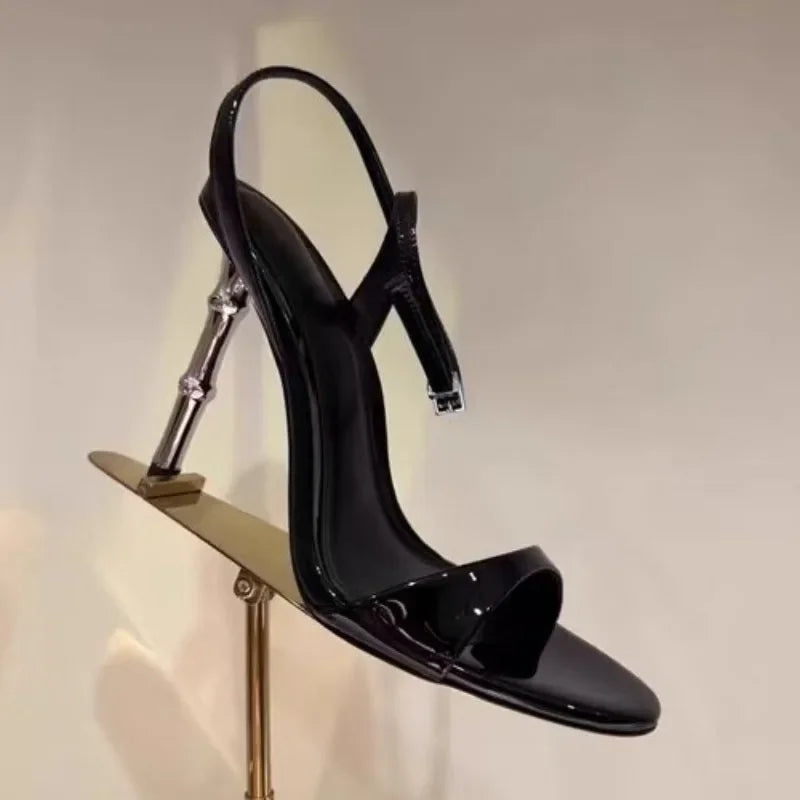 Black Round Toe Ankle Buckle High Heeled Sandals Women High Quality Patent Leather Brand Designer Shoes Elegant Party Dress Shoe
