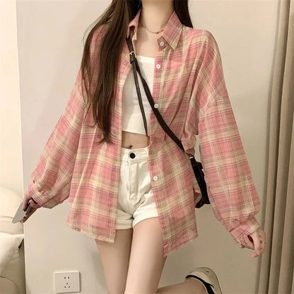 Sheer Chiffon Plaid Shirt for Women Ovesized Collared Button-down Blouse Summer Laides Slouchy Casual Outfit
