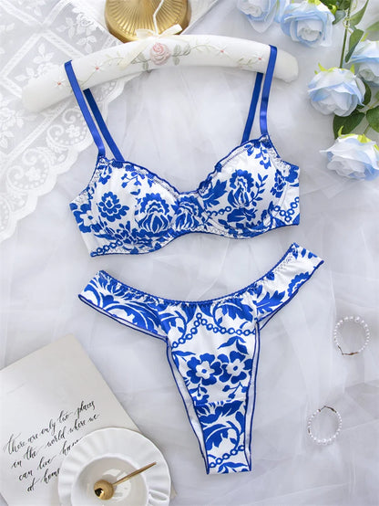 Women's Lingerie Blue Floral Print Bra Panty Set Elegant Intimate Underwear Breathable Gather Bra Comfortable Daily Lingerie Set