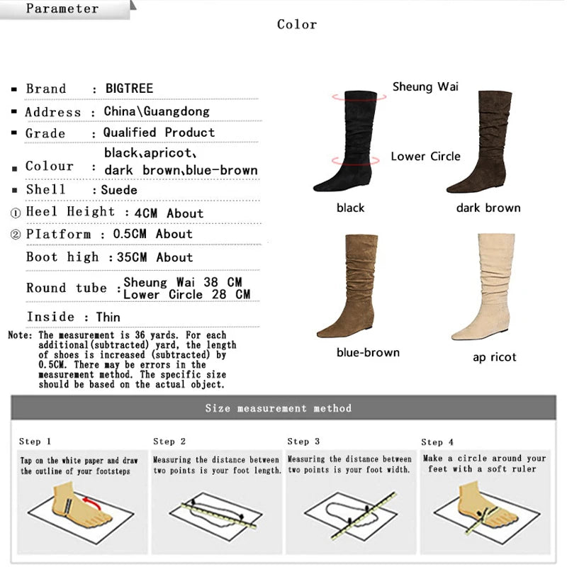 BIGTREE Shoes Women Knee-High Boots Pleated Design Suede Long Boots Pointed Women's Boots Comfortable Autumn And Winter Boots