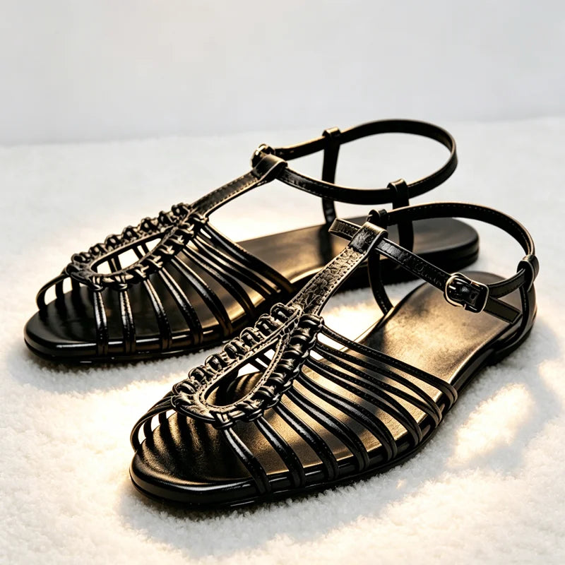NEW Style Cage Flat Sandals Women Metallic Finish Ankle Strap Buckle Gladiator Sandals for Girls Summer Luxury Designer Shoes