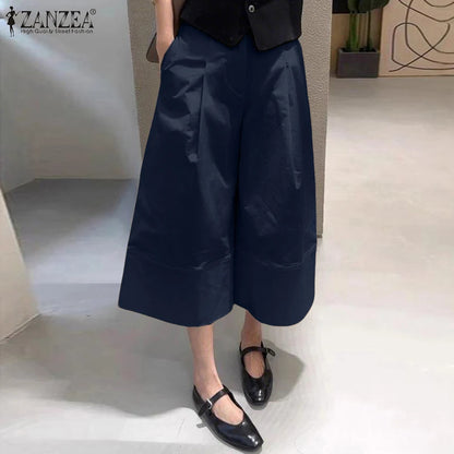 ZANZEA 2026 Women Casual Calf-Length Pants Elastic Back Waist Solid Color Wide-Leg Cropped Pant Autumn Loose Cozy Woman Bottoms