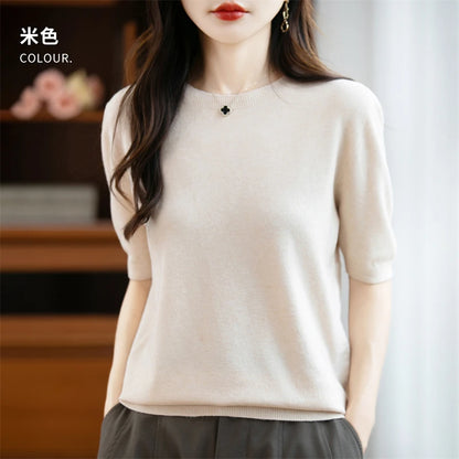 Autumn Women 100% Merino Wool Sweater O-Neck Cashmere Pullover Basic Fashion Short Sleeve Clothing Comfort Top Casual Solid