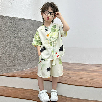 Short Sleeve Tops Shorts 2 Piece Set Boy Outfit Casual Kids Clothes Baby Tang Hanfu Suit Boys Costume Children's Sets Summer