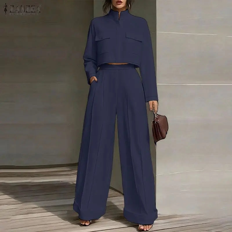 ZANZEA 2026 Spring Outfits Stand Neck Long Sleeve Tops Pant Sets Stylish Solid OL Work Tracksuit Women 2 Piece Sets Streetwear