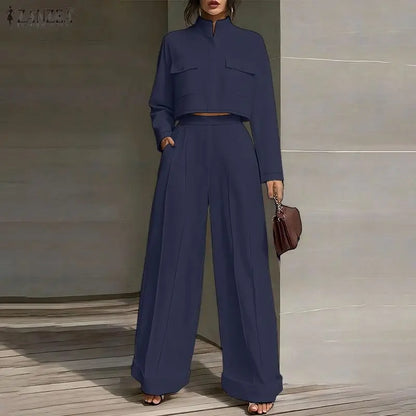 ZANZEA 2026 Spring Outfits Stand Neck Long Sleeve Tops Pant Sets Stylish Solid OL Work Tracksuit Women 2 Piece Sets Streetwear