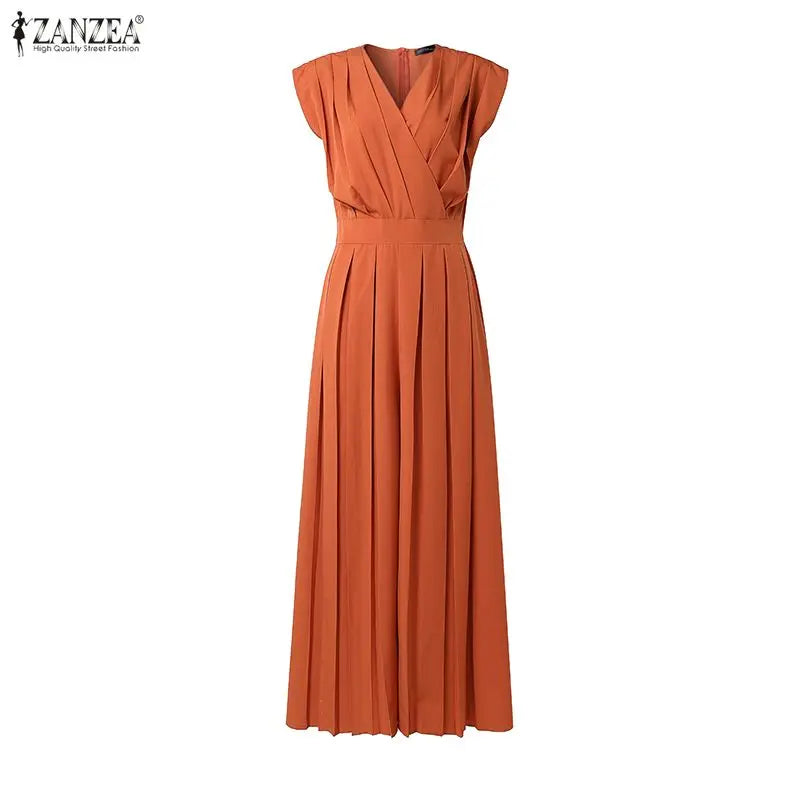 ZANZEA Women V-Neck Sleeveless Jumpsuits Street Fashion Inverted Pleats Wide Leg Pant Overalls Minimalist Commute Work Playsuits