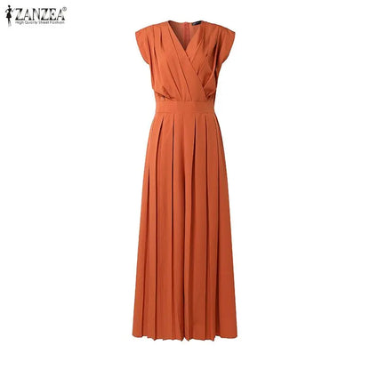 ZANZEA Women V-Neck Sleeveless Jumpsuits Street Fashion Inverted Pleats Wide Leg Pant Overalls Minimalist Commute Work Playsuits
