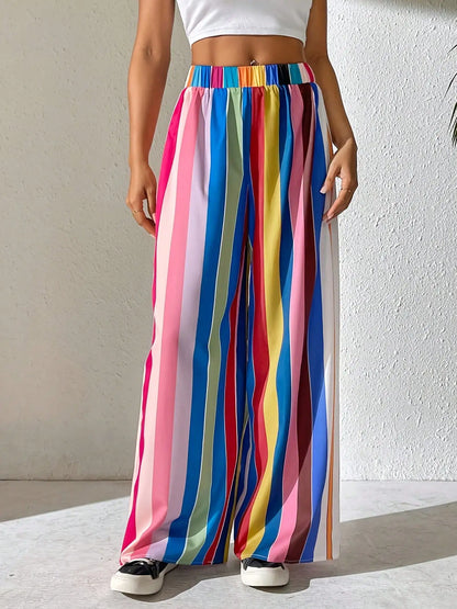 2026 casual and elegant women's plus size elastic waist loose color striped comfortable wide leg pants long pants