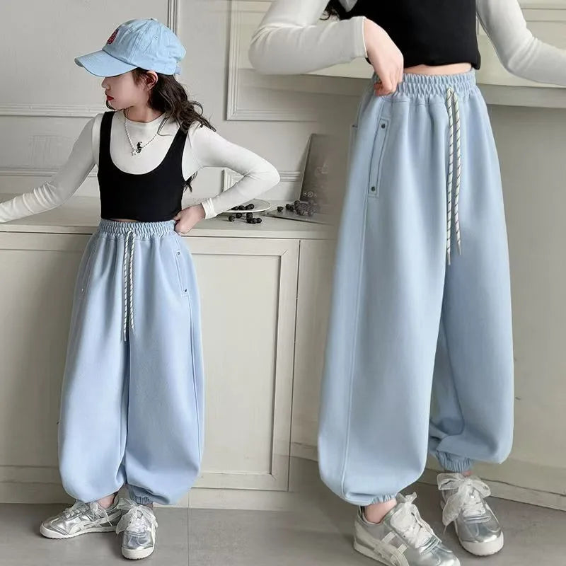 Girls' Harem Joggers Spring Autumn Loose Fit All Match Casual Sporty Pants with Ankle Cuff Breathable Fabric Adjustable Cuffs