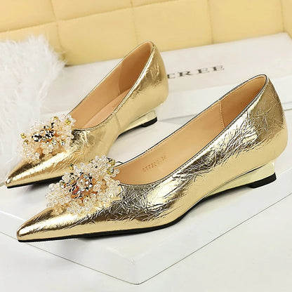 BIGTREE Shoes Women Wedges Metal Decoration Wedding Shoes Rhinestone Pointed Low Heel Ladies Shoes Luxury Banquet Shoes Fashion