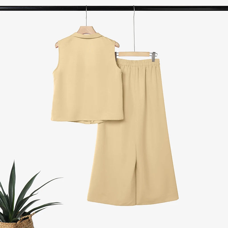 2026 ZANZEA Summer Wide Leg Pant Sets Stylish Lapel Neck Sleeveless Shirt Trousers Suit Women Solid OL Work Outfits 2 Piece Sets