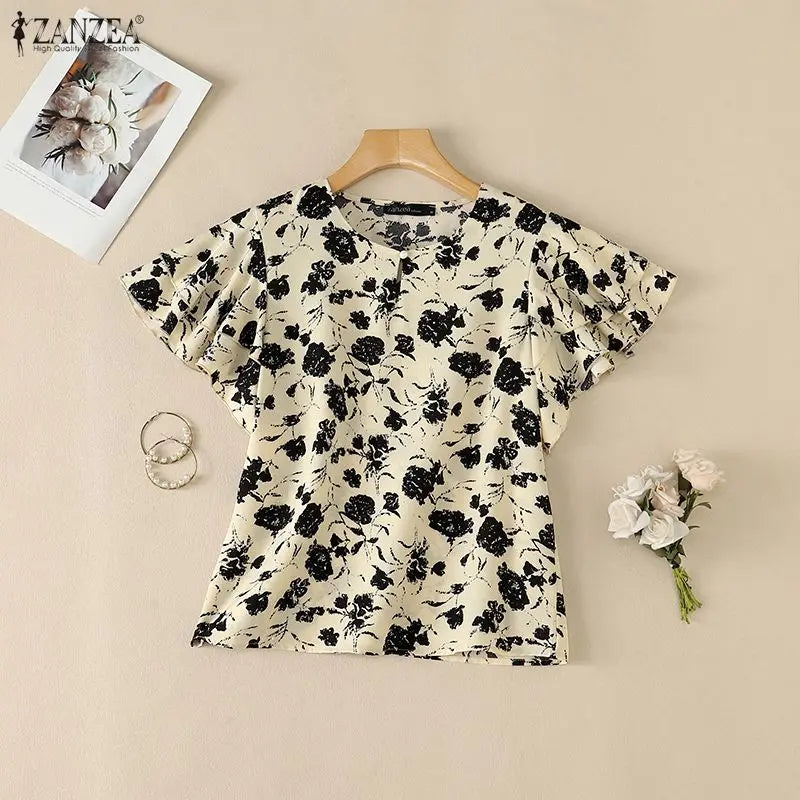 ZANZEA Summer Short Sleeve Tops Fashion Ruffles Women Blouses Floral Print Blouse Tee Streetwear OL Work Party Blusas Tunic 3XL