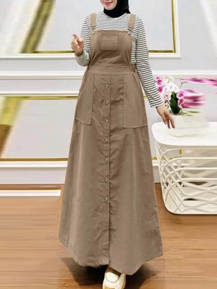Spring Autumn Overall Dress ZANZEA Fashion Muslim Abaya Summer Women Sleeveless Sundress Robe Femme Islamic Hijab Vestidos 2025