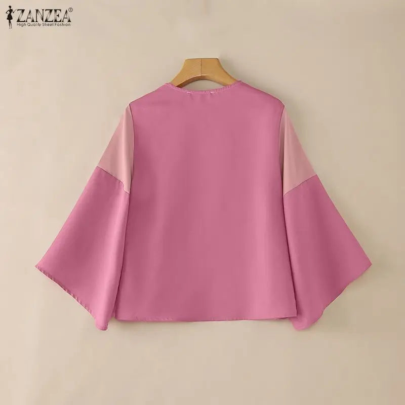 ZANZEA Woman Elegant Chic Blouses Contrast-Color Bow Detail V-Neck 3/4 Bell Sleeves Pullover Tops Summer Casual Blusas de Mujer