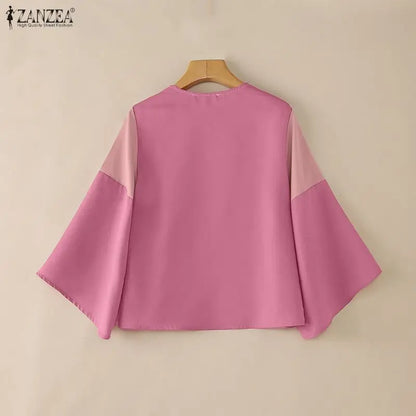 ZANZEA Woman Elegant Chic Blouses Contrast-Color Bow Detail V-Neck 3/4 Bell Sleeves Pullover Tops Summer Casual Blusas de Mujer