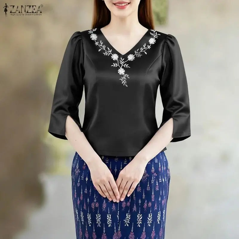 ZANZEA Elegant Woman Satin Short Blouses V-Neck 3/4 Sleeve Floral Embroidery Slim Fit Tops Classy Ladies Blusas 2026 Spring 3XL