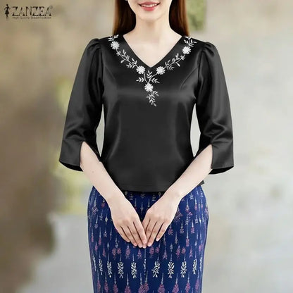 ZANZEA Elegant Woman Satin Short Blouses V-Neck 3/4 Sleeve Floral Embroidery Slim Fit Tops Classy Ladies Blusas 2026 Spring 3XL