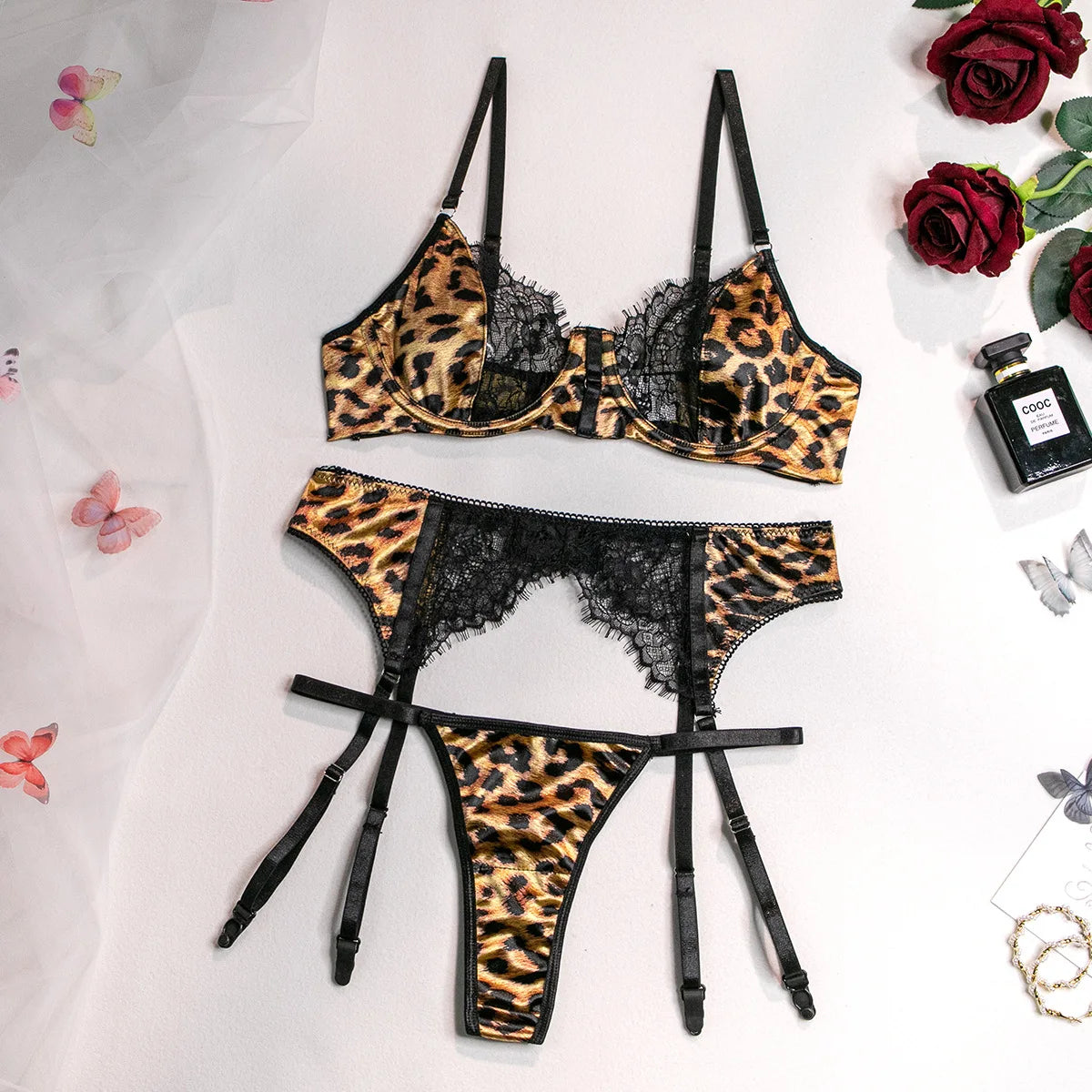 Sexy Pink Leopard Printed Bra Gloves Leg Socks Lingerie Set Women's Perspective Comfortable Mesh Exotic Apparel Underwear Suit