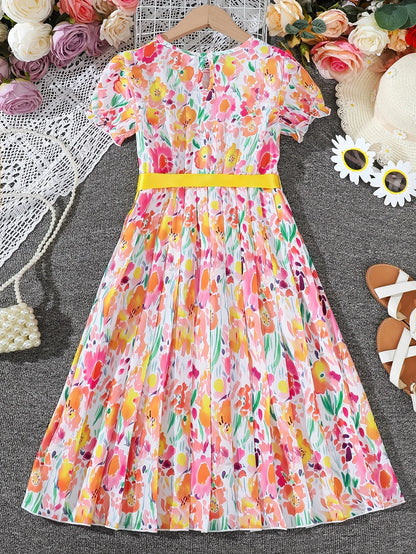 Summer Casual Floral Pattern Lantern Sleeve Dress for Girls with Belt Fashionable Comfortable All-Match for Leisure Outings