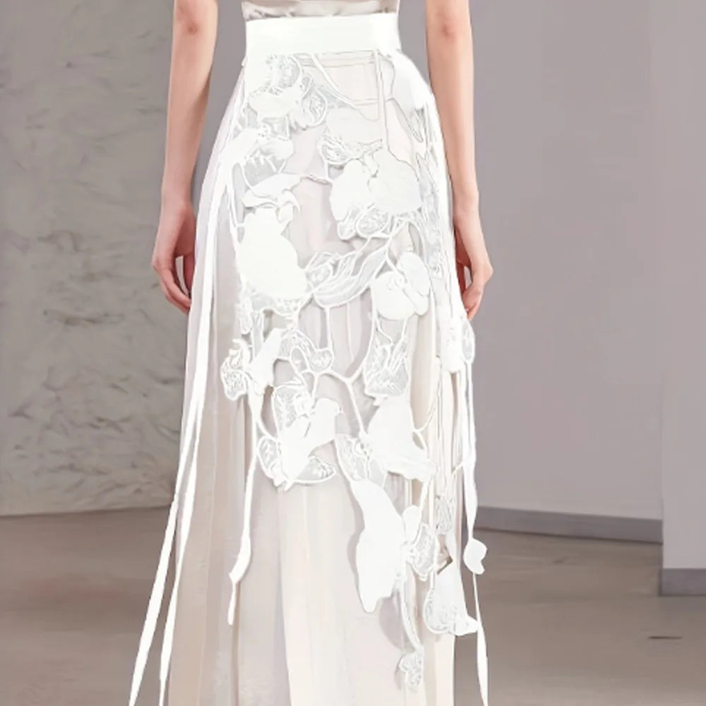 High Waist Lace Midi Skirt Irregular Side Slit Embroidered Flower Lace Drawstring Skirt Hollow Flower Tassels See Through