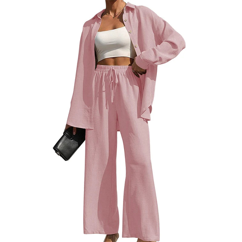 Women's Solid Button Front Shirt & Tie Front Wide Leg Pants Two-piece Set, Casual Drop Shoulder Long Sleeve Blouse Top & Trouser