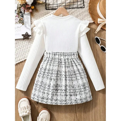 Two piece set: Unique ruffle edge length sleeve top+twill knit skirt, popular style, suitable for daily travel