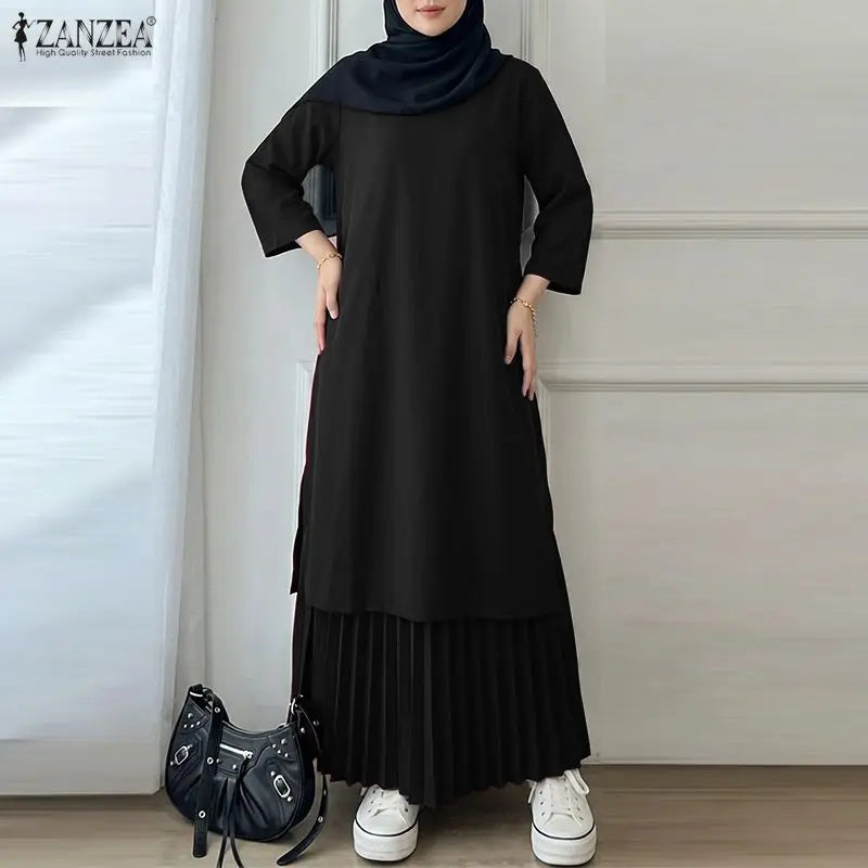 Women Patchwork Muslim Abaya Dress ZANZEA Summer Maxi Long Dress Ramadan Robe Fashion O Neck Long Sleeve Pleated Sundress Kaftan
