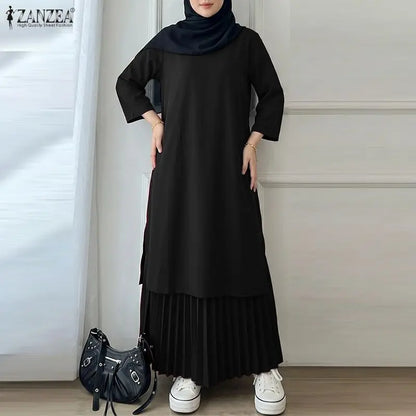 Women Patchwork Muslim Abaya Dress ZANZEA Summer Maxi Long Dress Ramadan Robe Fashion O Neck Long Sleeve Pleated Sundress Kaftan
