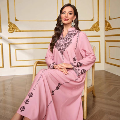 Fashionable Muslim Women's Printed Robe New Dubai Arab Elegant V-neck Long Dress For Outerwear Dubai Luxury Islam Elegant
