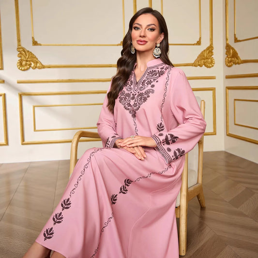 Fashionable Muslim Women's Printed Robe New Dubai Arab Elegant V-neck Long Dress For Outerwear Dubai Luxury Islam Elegant