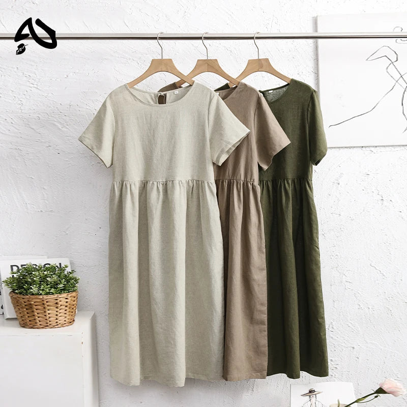 Original Women Cotton Linen Midi Dresses Summer Chic Female Vestidos Loose Soild A-Line Dress Short Puffy Sleeve Casual Sundress