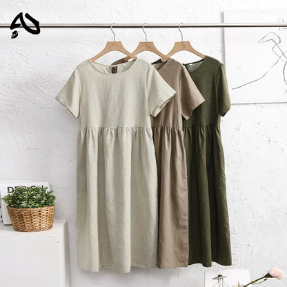 Original Women Cotton Linen Midi Dresses Summer Chic Female Vestidos Loose Soild A-Line Dress Short Puffy Sleeve Casual Sundress