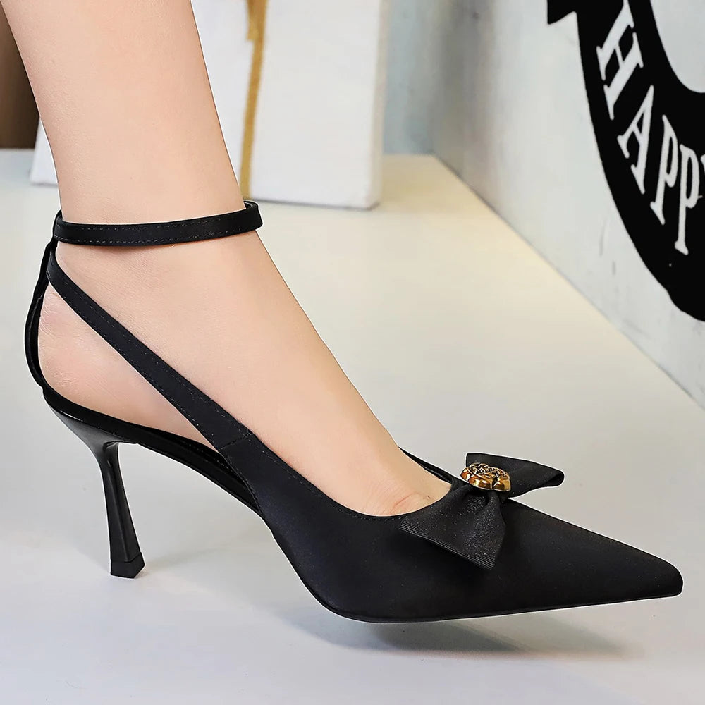 BIGTREE Shoes High-Heeled Sandals Women Pumps Metal Flower High Heels Women Stiletto 8 cm Bowknot Women Sandals Summer Shoes