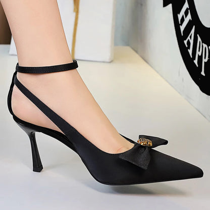 BIGTREE Shoes High-Heeled Sandals Women Pumps Metal Flower High Heels Women Stiletto 8 cm Bowknot Women Sandals Summer Shoes