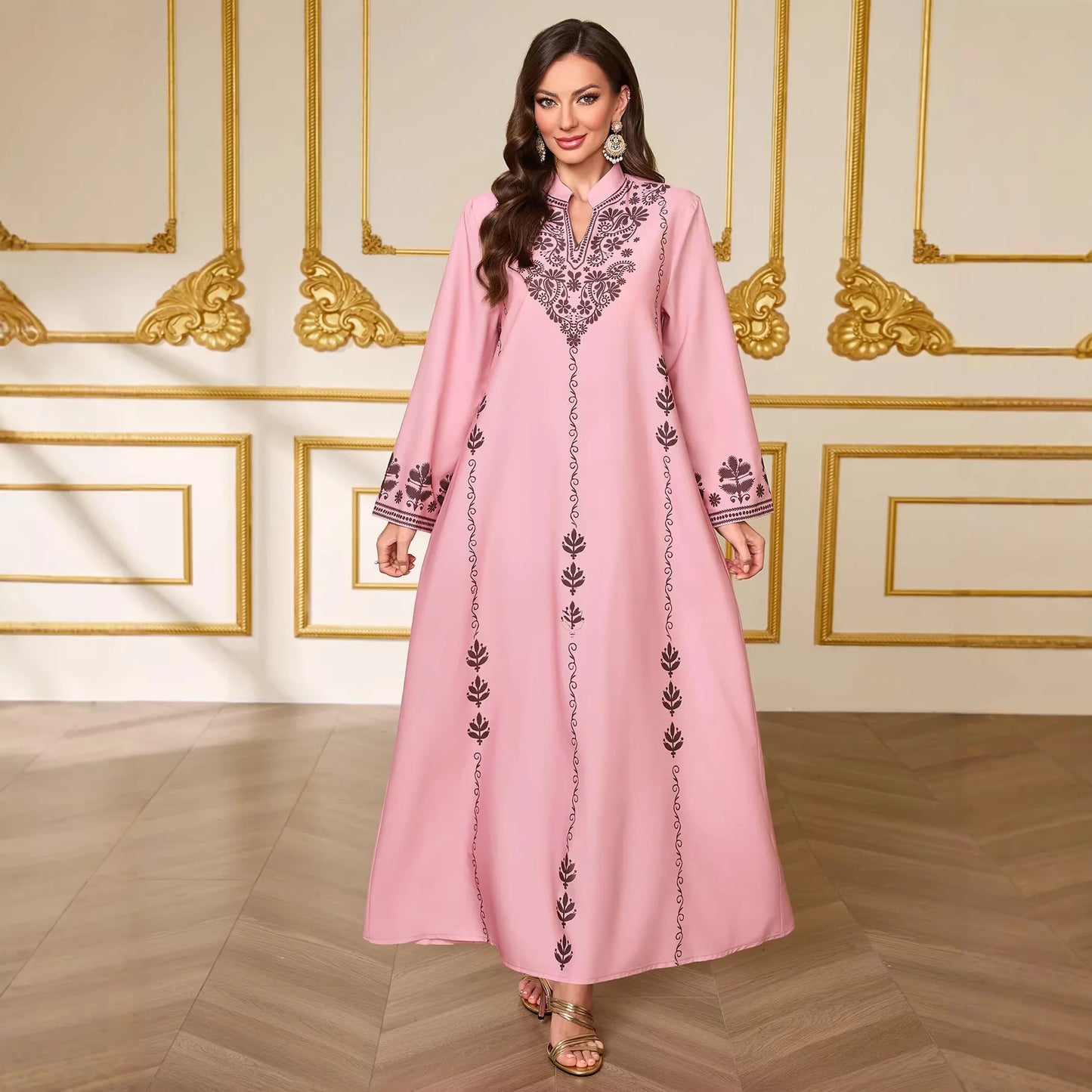 Fashionable Muslim Women's Printed Robe New Dubai Arab Elegant V-neck Long Dress For Outerwear Dubai Luxury Islam Elegant